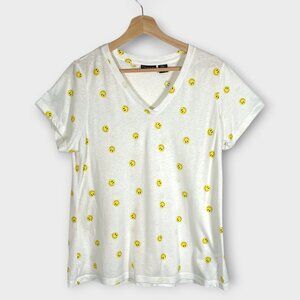 TAHARI T-Shirt Woman's MEDIUM White Smiley Faces V-Neck Casual Whimsical